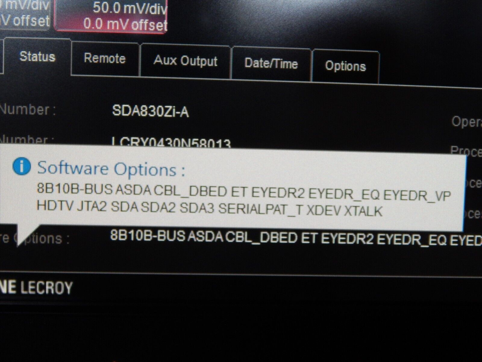 LeCroy SDA830Zi-A oscilloscope w/mfg cal & data 2/23 option loaded, WIN 10 LeCroy SDA830Zi-A oscilloscope w/mfg cal & data 2/23 option loaded, WIN 10